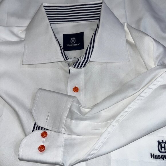 HUSQVARNA Men's Embroidered Spellout Long Sleeve Button Down White Dress Shirt L - Picture 8 of 13